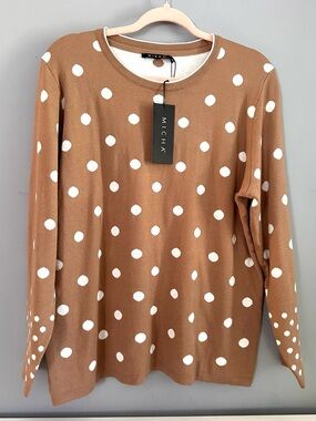 MICHA - NWT Women’s, Camel & White Polka Dot Sweater, Long Sleeve, Sz XL